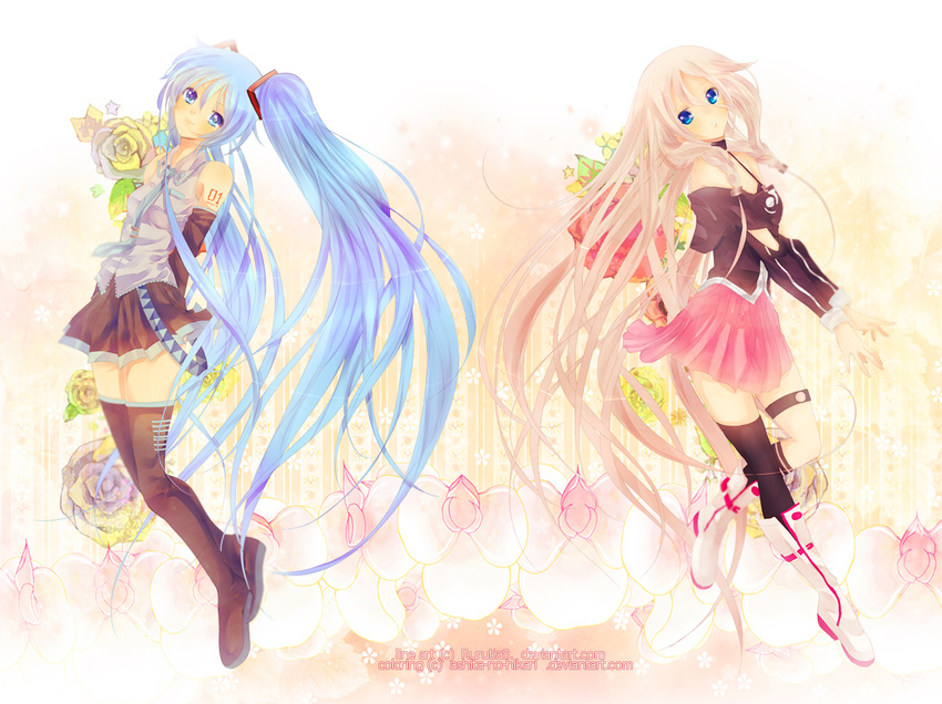 blue_eyes blue_hair flowers hatsune_miku ia pink pink_hair seifuku twintails vocaloid white