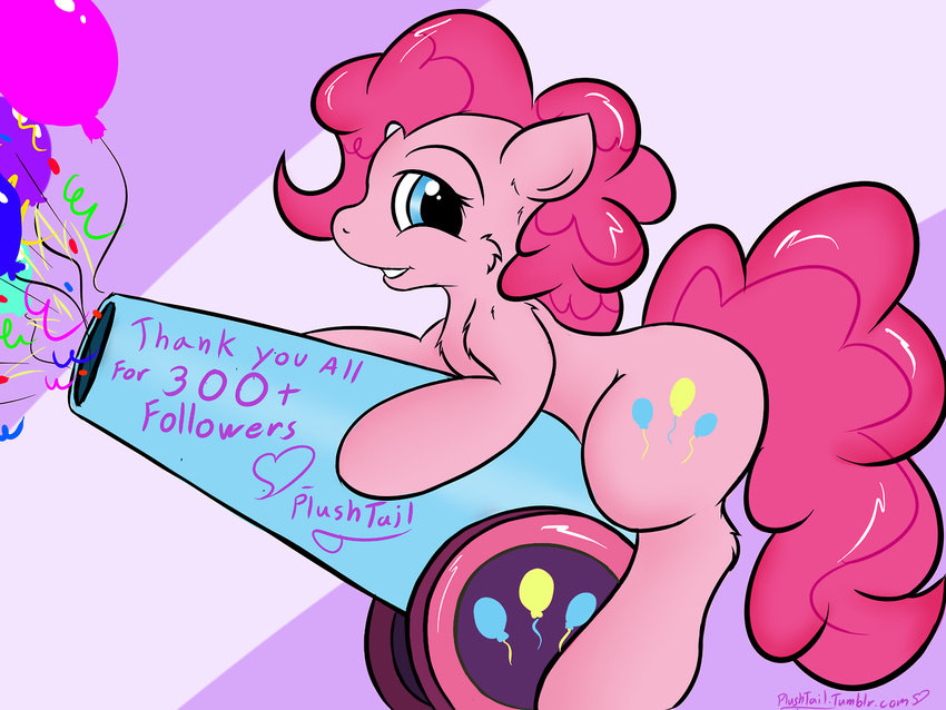 balloons blue_eyes cannon cutie_mark english_text equine female feral friendship_is_magic fur hair horse looking_at_viewer mammal my_little_pony pink_fur pink_hair pinkie_pie_(mlp) plushtail pony smile solo text