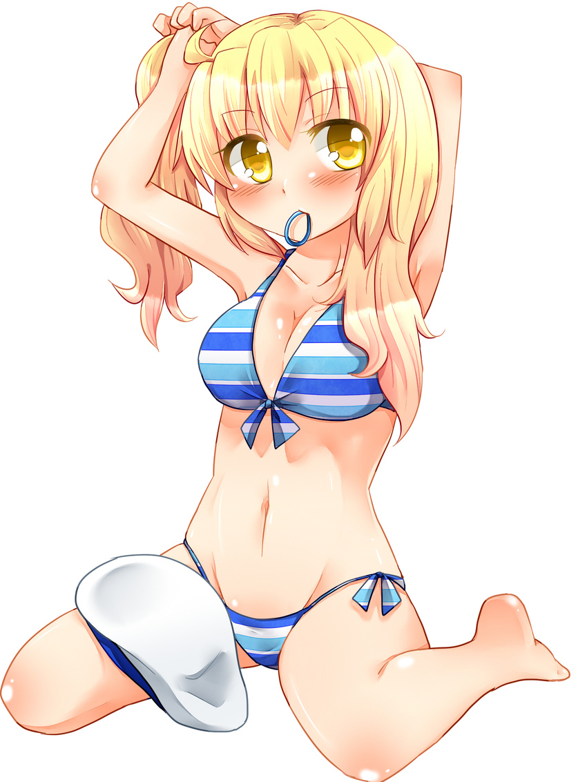 adjusting_hair bikini blonde_hair breasts bunching_hair cleavage front-tie_top hat hat_removed headwear_removed highres kitashirakawa_chiyuri long_hair medium_breasts mouth_hold namino. navel shiny shiny_skin side-tie_bikini sitting solo striped striped_bikini swimsuit touhou touhou_(pc-98) tying_hair wariza yellow_eyes