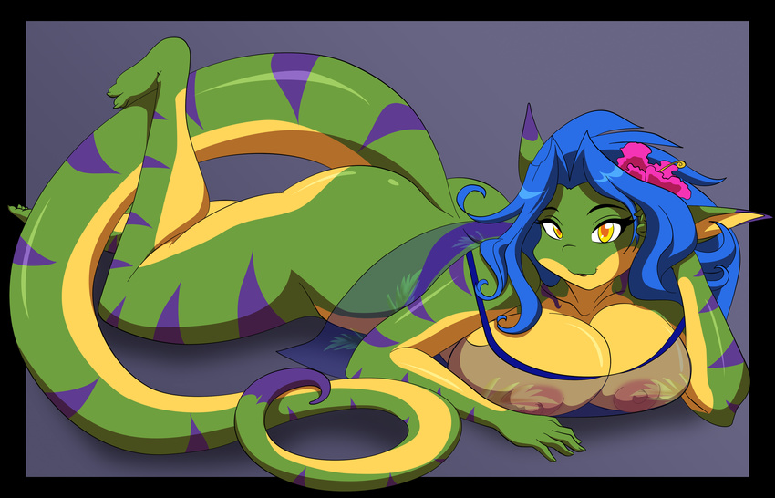 anthro areola babydoll blue_hair breasts edit female gecko geecku green_body hair hi_res las_lindas lizard long_hair looking_at_viewer lying nipples non-mammal_breasts nude on_stomach plain_background pussy reptile scalie smile solo translucent yellow_body yellow_eyes