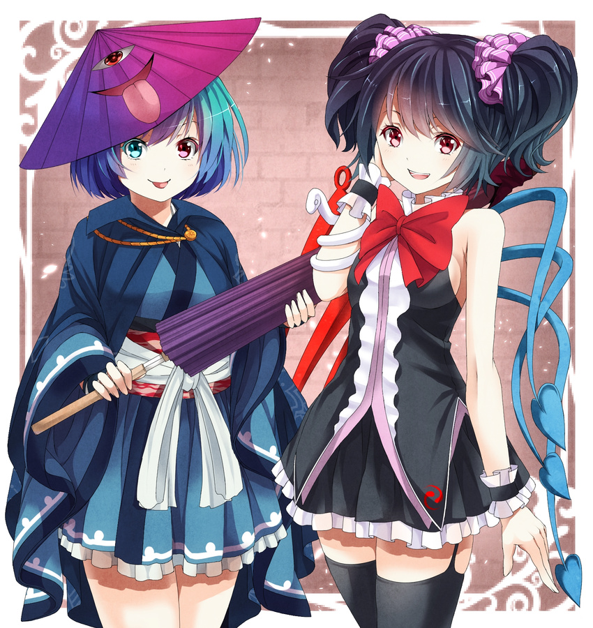 :p alternate_costume alternate_hairstyle asymmetrical_wings bare_shoulders black_hair black_legwear blue_eyes blue_hair blush breasts garter_straps heterochromia highres houjuu_nue japanese_clothes karakasa_obake looking_at_viewer medium_breasts mikoma_sanagi multiple_girls oriental_umbrella pixelated purple_umbrella red_eyes scrunchie short_hair sideboob smile snake sword tatara_kogasa thighhighs tongue tongue_out touhou twintails two_side_up umbrella weapon wings wrist_cuffs zettai_ryouiki