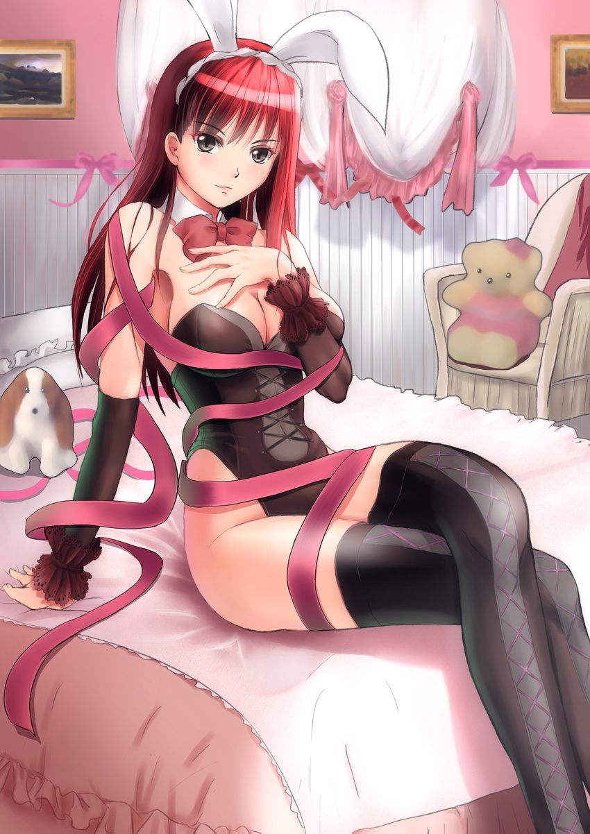absurdres animal_ears bed black_eyes black_legwear bow bowtie breasts bridal_gauntlets bunny_ears bunnysuit crossed_legs detached_collar hand_on_own_chest highres large_breasts legs looking_at_viewer original red_hair ribbon sitting soyokaze stuffed_toy thighhighs thighs