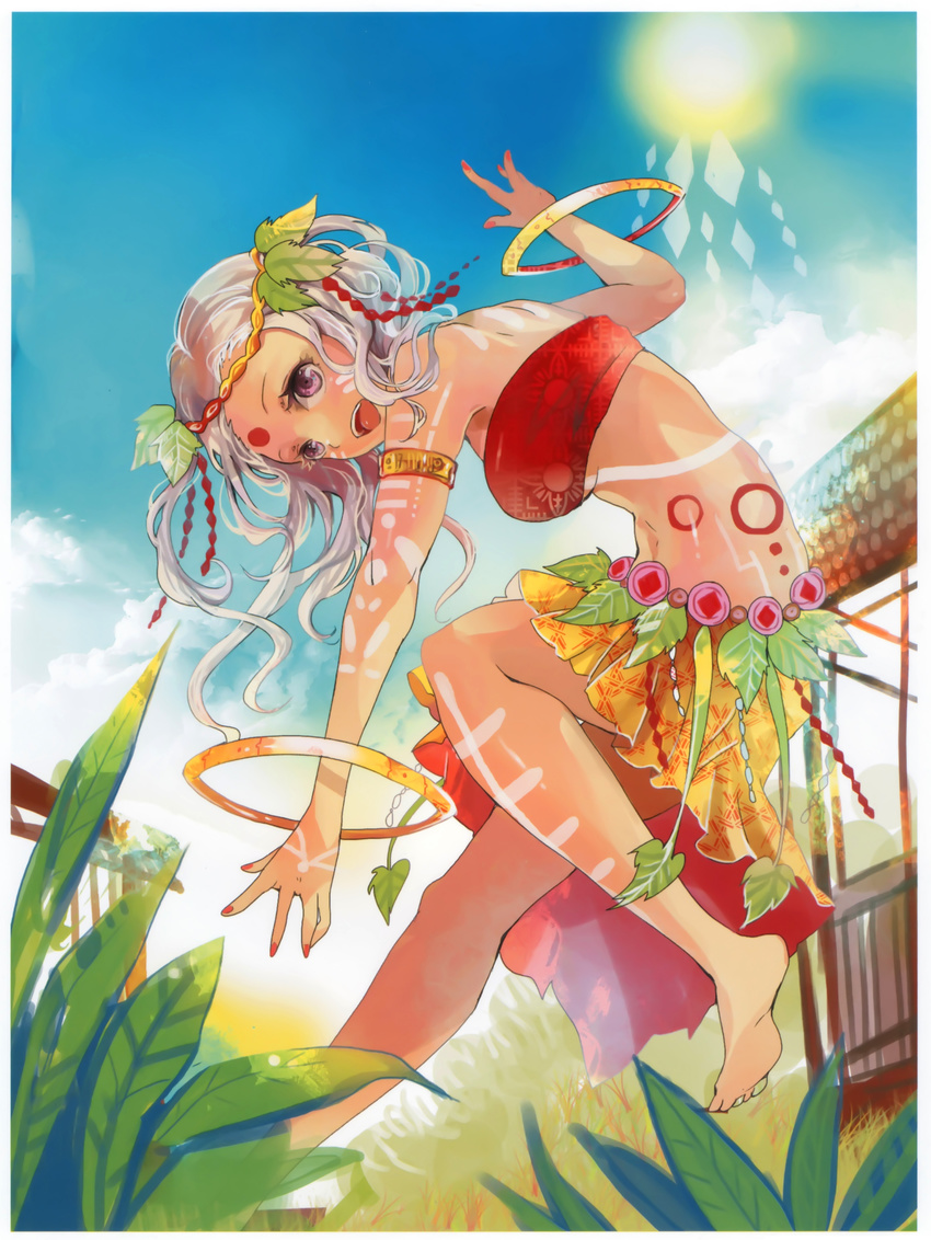 absurdres armlet barefoot bindi character_request copyright_request dark_skin facial_mark grass hair_ornament happy highres jewelry leaf lens_flare nail_polish nature non-web_source ring sakuragi_kei skirt smile solo source_request strapless sun tattoo tribal tropical tubetop white_hair