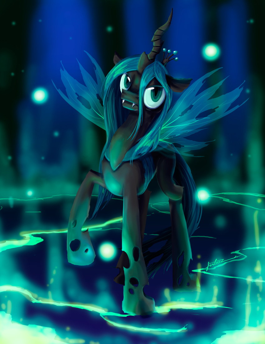 2013 changeling fangs female feral friendship_is_magic furboz green_eyes green_hair hair horn looking_at_viewer my_little_pony queen_chrysalis_(mlp) solo wings