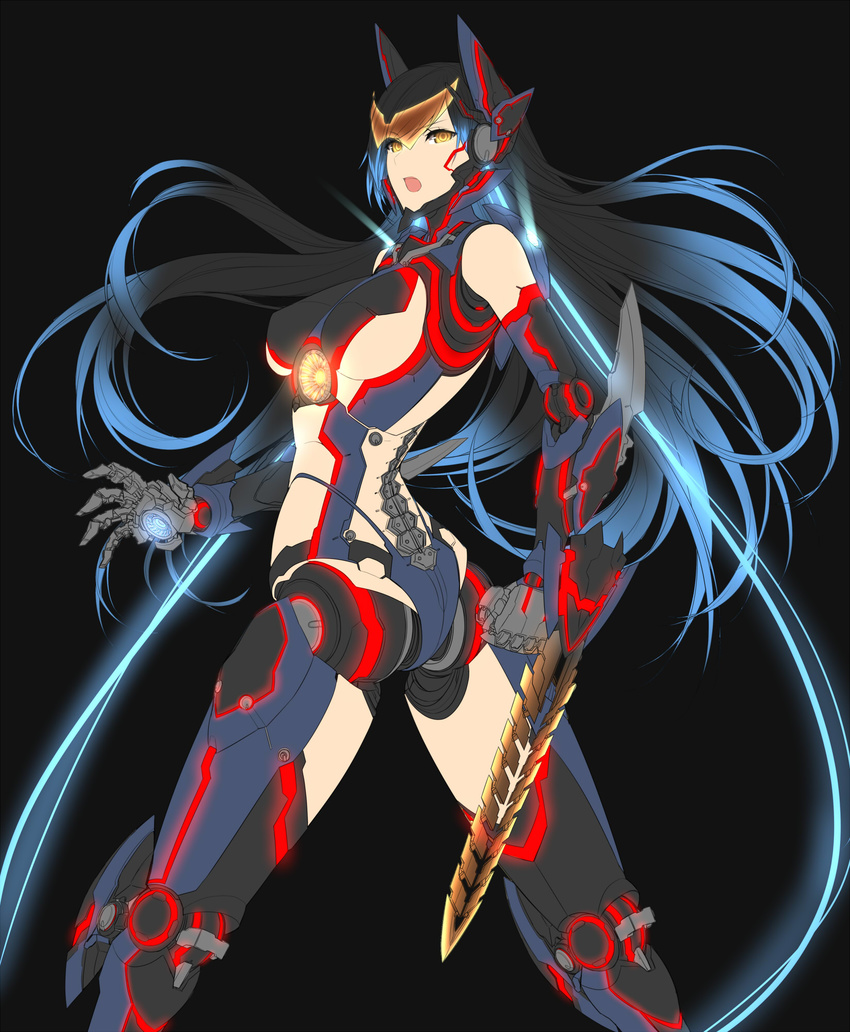 arm_blade armor artist_request ass blade blue_hair gipsy_danger glowing highres light long_hair mecha_musume mechanical_arms mechanical_legs mechanical_parts nuclear_reactor pacific_rim personification simple_background solo spine visor weapon yellow_eyes