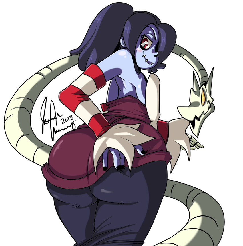 big_butt butt butt_grab female leviathan_(skullgirls) looking_at_viewer looking_back radlionheart red_eyes skullgirls smile squigly video_games