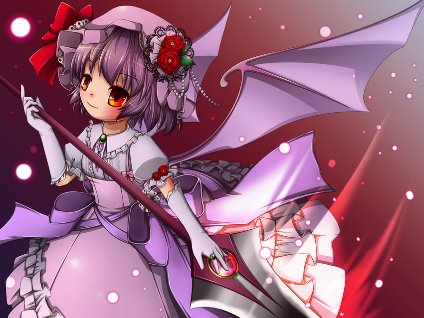 aura bat_wings blouse bow brooch elbow_gloves embellished_costume flower frills gloves gradient gradient_background hat hat_flower hat_ribbon highres jewelry kakiikada lavender_hair leaf light_particles light_smile looking_at_viewer mob_cap puffy_short_sleeves puffy_sleeves red_eyes red_flower red_rose remilia_scarlet ribbon ring rose short_hair short_sleeves simple_background solo spear_the_gungnir touhou wings