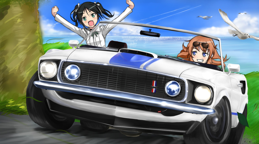 aegis_(nerocc) bird black_hair blue_eyes brown_hair car charlotte_e_yeager cloud condensation_trail day driving eyewear_on_head fang ford_mustang francesca_lucchini green_eyes grin ground_vehicle hair_ribbon highres horizon long_hair motion_blur motor_vehicle multiple_girls ocean open_mouth outstretched_arms ribbon road seagull smile street strike_witches sunglasses twintails world_witches_series