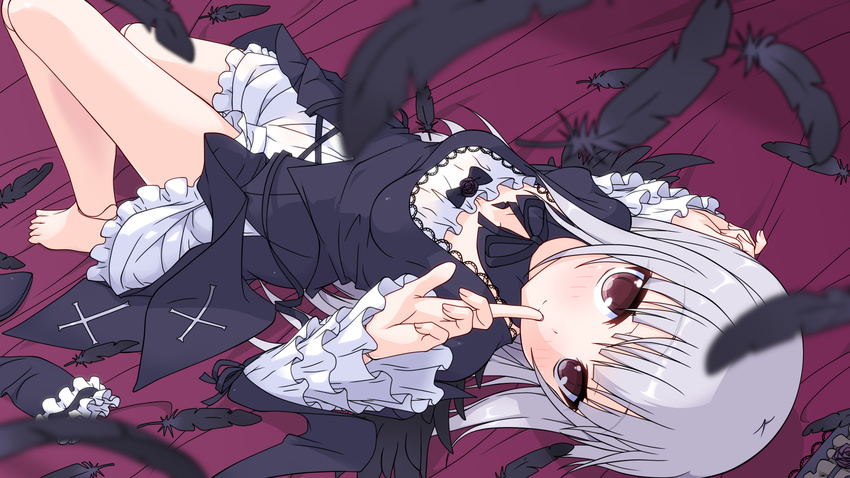 barefoot black_feathers blurry bow depth_of_field feathers finger_to_mouth frills gothic_lolita hairband_removed highres k10k lolita_fashion long_hair looking_at_viewer lying on_back rozen_maiden silver_hair smile solo suigintou thighhighs_removed