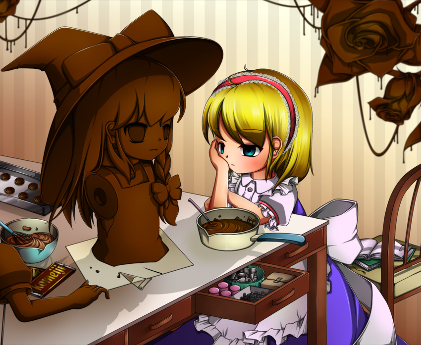 alice_margatroid apron armless blonde_hair blue_eyes book bow braid brand_name_imitation chocolate chocolate_bar chocolate_statue cookie_cutter drawer ears expressionless flower hair_bow hairband hat head_rest highres kakiikada kirisame_marisa lolita_hairband long_hair meiji_(brand) meiji_milk_chocolate open_book pot puffy_short_sleeves puffy_sleeves rose sack sculpture short_hair short_sleeves single_braid solo striped striped_background table touhou vertical-striped_background vertical_stripes witch_hat younger