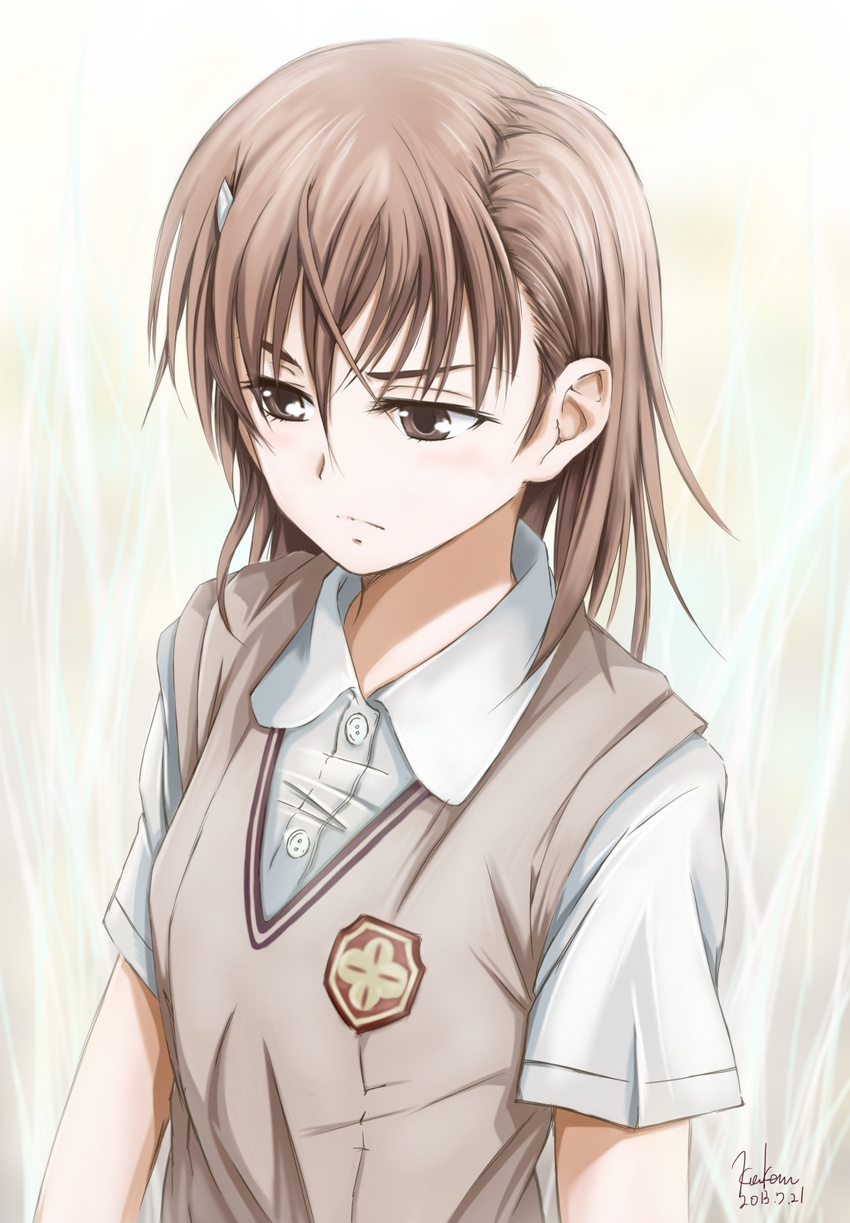 brown_eyes brown_hair hair_ornament hairpin highres kem_kem misaka_mikoto school_uniform solo to_aru_kagaku_no_railgun to_aru_majutsu_no_index