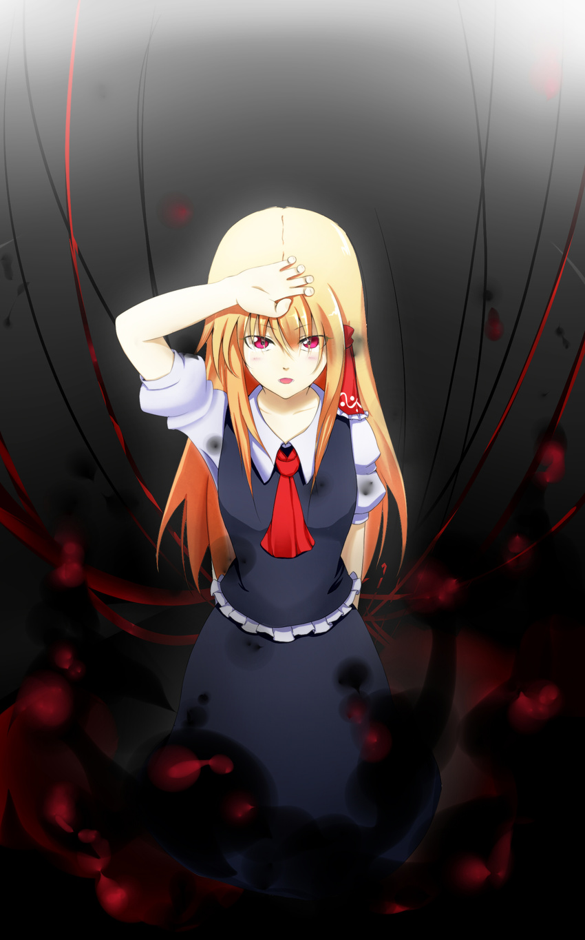 absurdres ao_(syoulass7) arm_behind_back ascot blonde_hair dark_background darkness dress dress_shirt hand_on_forehead highres light long_hair long_sleeves looking_at_viewer older ribbon rumia shirt sleeves_folded_up standing touhou vest white_shirt