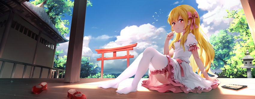 1girl :t absurdres animal bird blonde_hair blue_sky blush bow building chen_bin cloud day eating food food_on_face full_body hair_between_eyes hair_bow hand_up highres holding_foot keisenko long_hair looking_at_viewer mary_janes no_shoes original outdoors pantyhose pink_bow pink_skirt plate puffy_short_sleeves puffy_sleeves red_eyes red_footwear ribbon-trimmed_sleeves ribbon_trim shade shirt shoes shoes_removed short_sleeves sidelocks sitting skirt sky solo stone_lantern summer torii very_long_hair wavy_hair white_legwear white_shirt wooden_floor