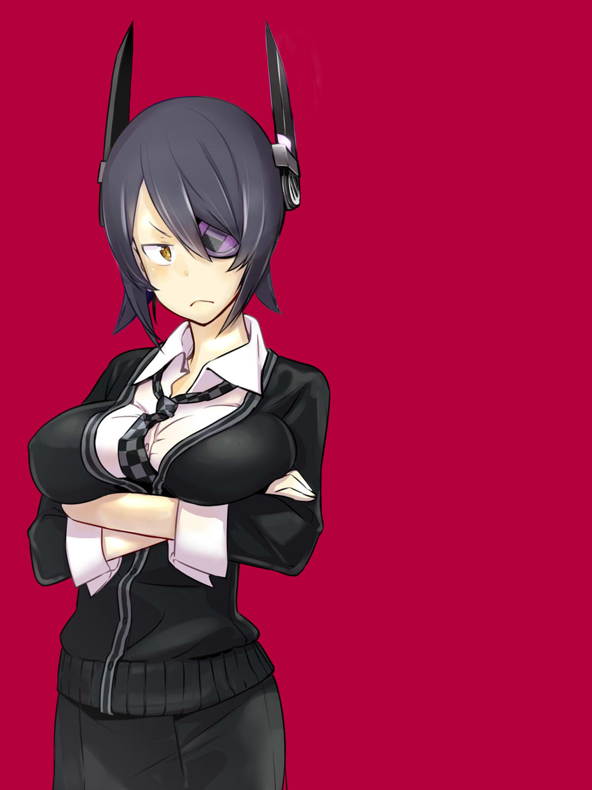 black_hair breasts crossed_arms eyepatch headgear highres kantai_collection large_breasts looking_at_viewer necktie ritsu_(roboroboro) school_uniform short_hair skirt solo tenryuu_(kantai_collection) yellow_eyes
