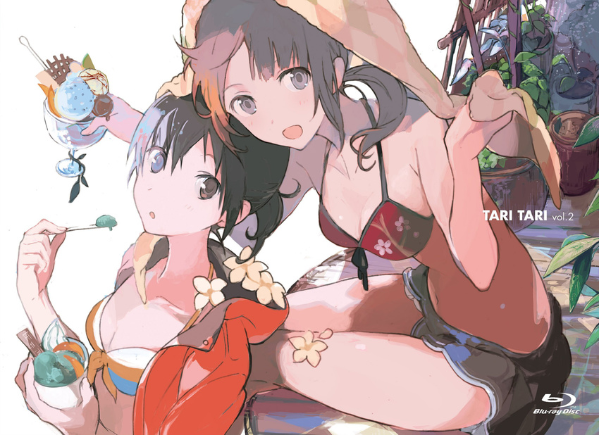 bikini bikini_top black_hair breasts brown_eyes brown_hair cleavage copyright_name food highres ice_cream jacket medium_breasts multiple_girls official_art okita_sawa parfait ponytail sakai_wakana scan short_hair shorts sitting swimsuit tanu tari_tari towel white_background