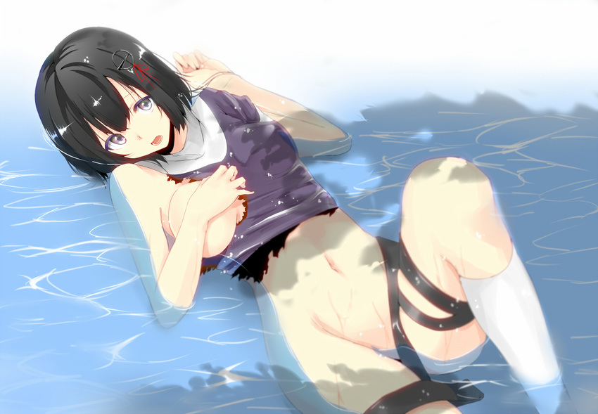 black_hair commentary_request covering covering_breasts damaged haguro_(kantai_collection) hrk173 kantai_collection lying navel no_panties ocean partially_submerged short_hair skirt solo torn_clothes torn_skirt