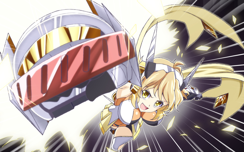 armor bare_shoulders bodysuit brown_hair fighting_stance foreshortening gauntlets gloves h-new headphones high_collar highres magical_girl open_mouth orange_eyes punching senki_zesshou_symphogear short_hair shouting solo tachibana_hibiki_(symphogear)