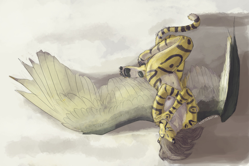 blekarotva breasts brown_hair colored countershading covering covering_self curves feathers feline female fur fur_pattern green_eyes hair leopard lying mammal markings nude on_back pawpads shadow solo underbelly white_countershading wings yellow_fur