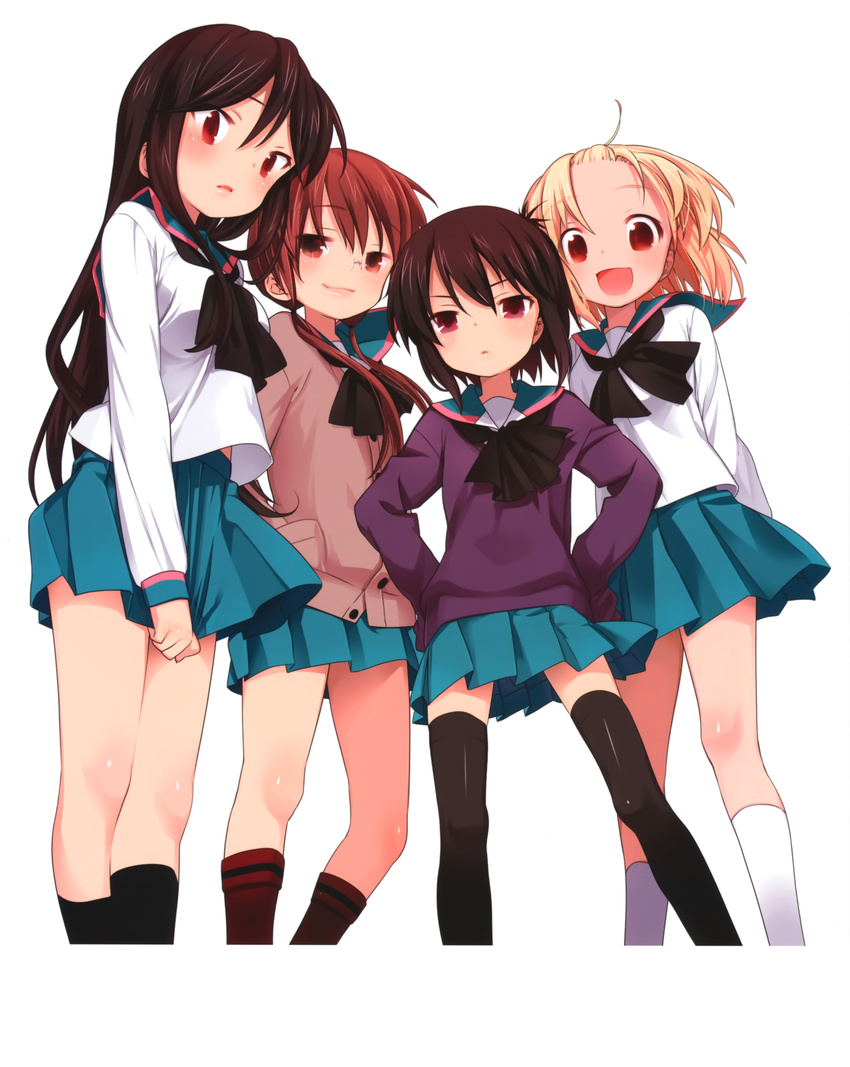 a_channel absurdres black_hair black_legwear blonde_hair blush brown_hair cardigan glasses hands_on_hips highres ichii_tooru kneehighs kuroda_bb long_hair momoki_run multiple_girls necktie nishi_yuuko official_art red_eyes red_legwear school_uniform short_hair skirt sleeves_past_wrists smile sweater tennouji_nagisa thighhighs twintails white_legwear zettai_ryouiki