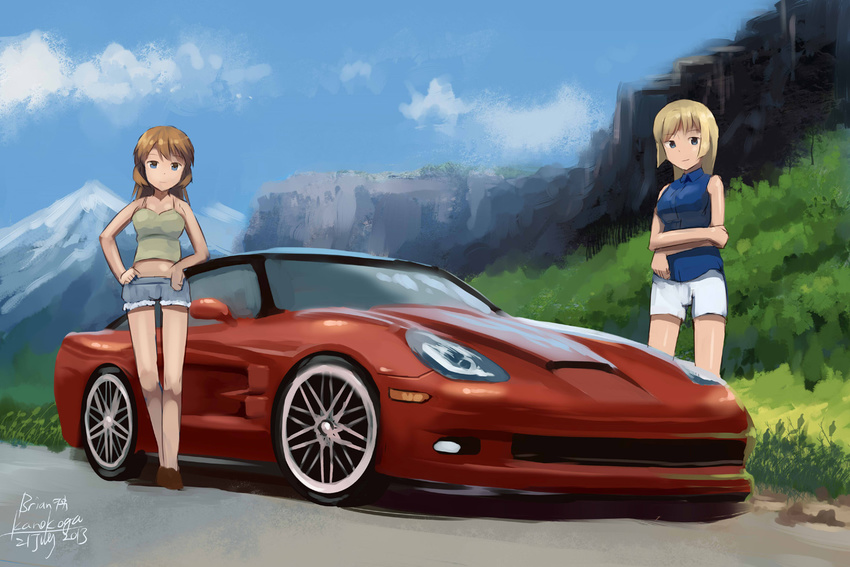blonde_hair brown_hair car casual charlotte_e_yeager chevrolet chevrolet_corvette crossed_arms dated denim denim_shorts ground_vehicle kanokoga long_hair marian_e_carl motor_vehicle mountain multiple_girls noble_witches shorts signature smile strike_witches world_witches_series