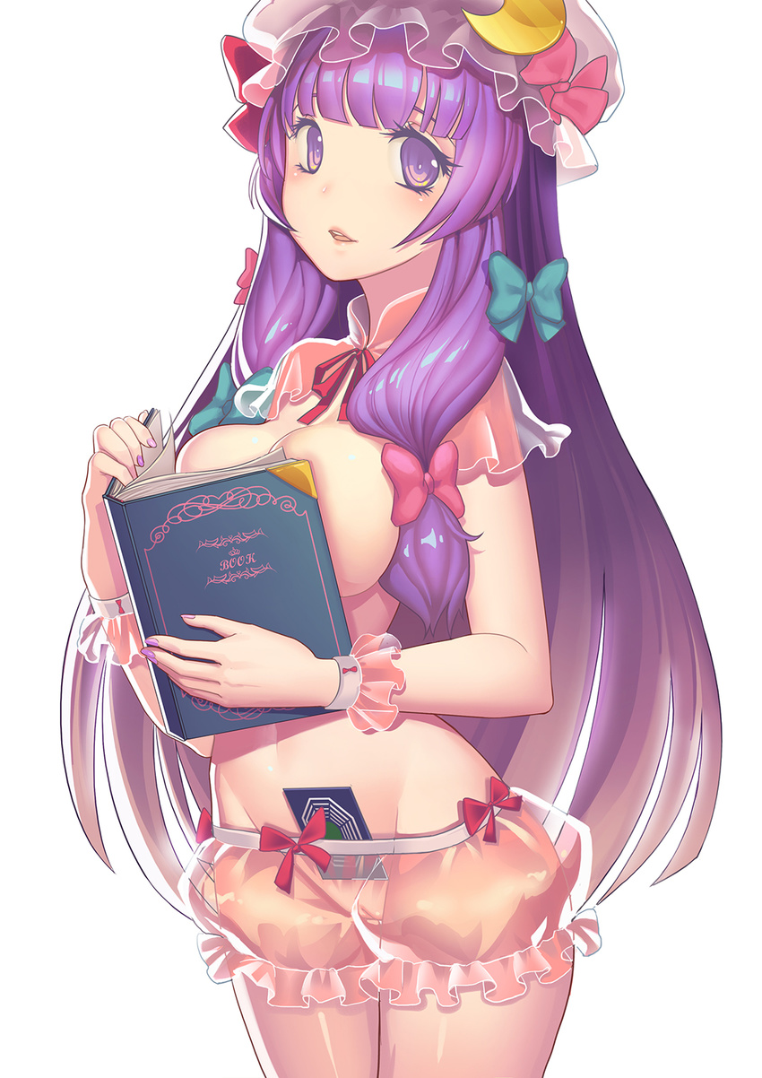 bloomers book bow breasts capelet cleavage covering covering_breasts crescent fiodo frills groin hair_bow hat highres large_breasts long_hair nail_polish open_mouth parted_lips patchouli_knowledge purple_eyes purple_hair pussy see-through solo touhou underwear wrist_cuffs