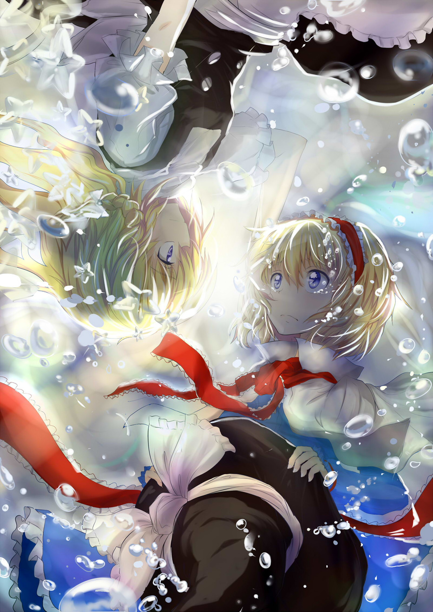alice_margatroid apron blonde_hair blue_eyes bow braid bubble caibao capelet dress eye_contact frown hair_bow hairband hand_on_another's_face hat hat_removed hat_ribbon headwear_removed highres holding holding_hat kirisame_marisa light_smile lolita_hairband long_hair looking_at_another multiple_girls puffy_short_sleeves puffy_sleeves ribbon sash short_hair short_sleeves single_braid skirt skirt_set tears touhou underwater upside-down waist_apron