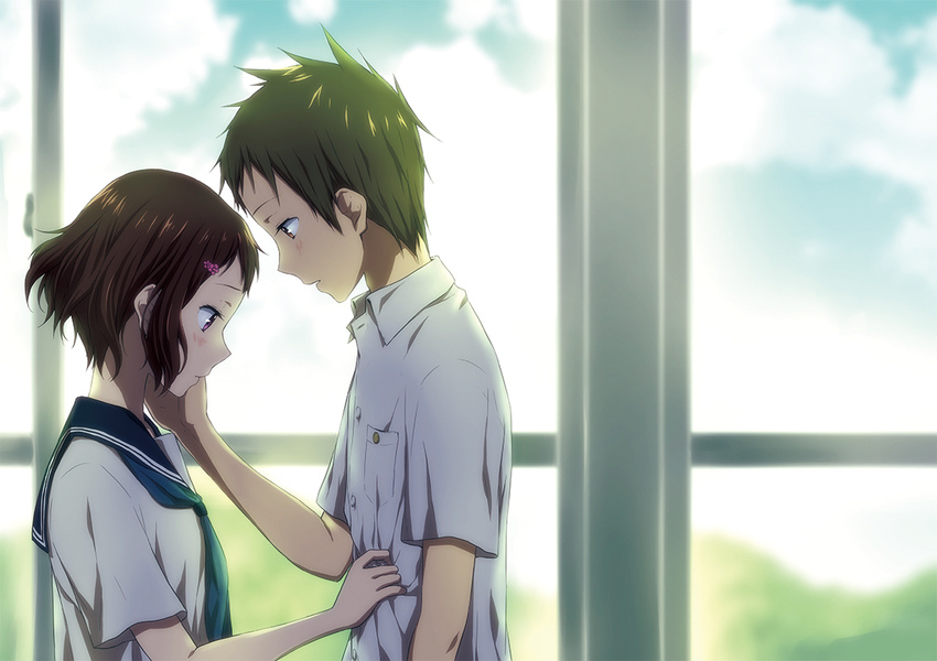 1girl black_hair brown_hair couple fukube_satoshi hyouka ibara_mayaka rito453 school_uniform serafuku short_hair