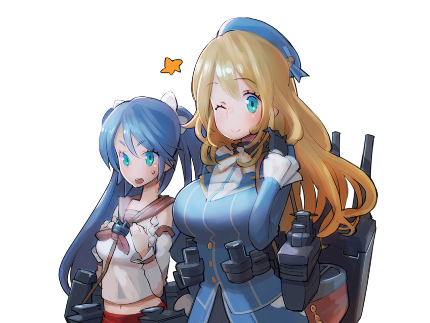 atago_(kantai_collection) black_gloves blonde_hair blue_eyes blue_hat blush breast_envy breasts detached_sleeves gloves hair_ribbon hat isuzu_(kantai_collection) kantai_collection large_breasts long_hair looking_at_viewer military military_uniform multiple_girls open_mouth ribbon skirt smile sweatdrop twintails uniform xanado