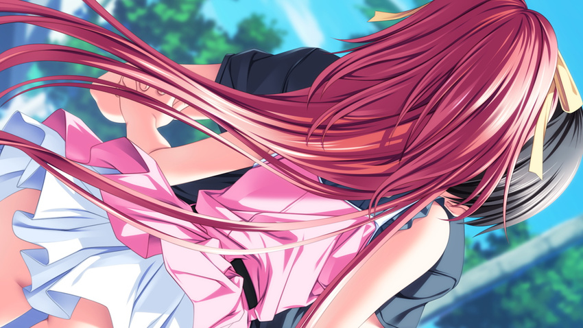 1girl couple dolphin_divers dutch_angle from_behind game_cg hetero interlocked_fingers kiss long_hair ogura_minamo pink_hair senomoto_hisashi skirt solo_focus very_long_hair wind wind_lift