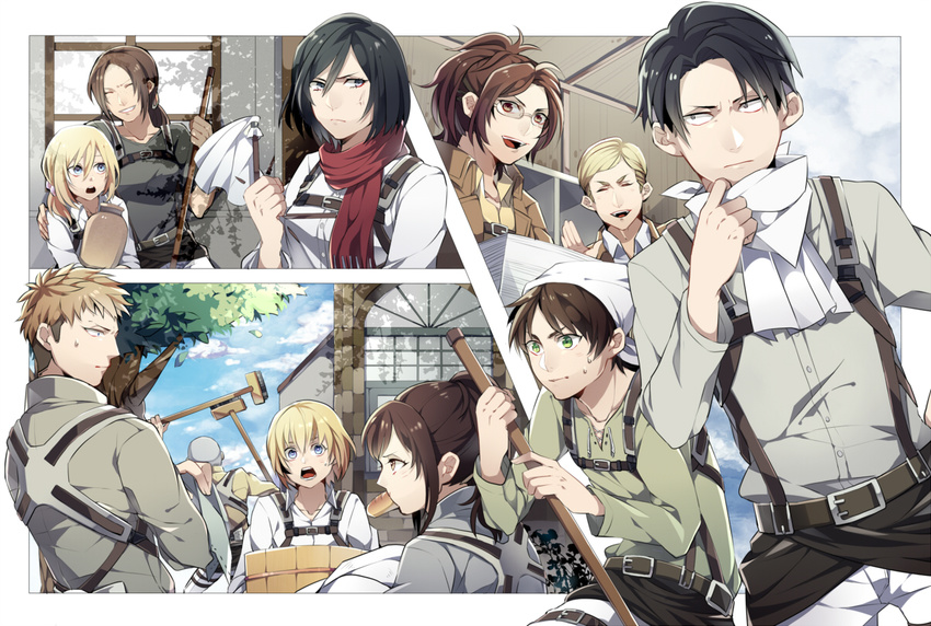 armin_arlert ascot belt black_hair blonde_hair blue_eyes bread broom brown_eyes brown_hair bucket buckle building christa_renz closed_eyes connie_springer day eren_yeager erwin_smith fighting_stance food freckles from_behind hange_zoe house jacket jean_kirchstein kiragera levi_(shingeki_no_kyojin) long_sleeves looking_at_viewer mikasa_ackerman multiple_boys multiple_girls open_mouth outdoors paradis_military_uniform plant sasha_braus scarf shingeki_no_kyojin shirt short_hair smile spread_legs standing suspenders sweatdrop t-shirt tree white_scarf window ymir_(shingeki_no_kyojin)