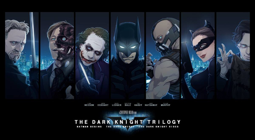 1girl 6+boys animal_ears anne_hathaway armor bane bat batman batman_(series) blood blue_eyes bruce_wayne cat_ears catwoman christian_bale cillian_murphy dc_comics glasgow_smile glasses glowing glowing_eyes gun harvey_dend harvey_dent heath_ledger jonathan_crane katana knife liam_neeson makeup mask masks multiple_boys ra's_al_ghul ra's_al_ghul scar scarecrow scarecrow_(dc) selina_kyle sword the_dark_knight the_dark_knight_trilogy the_joker tongue two-face two_faces warped weapon white_eyes