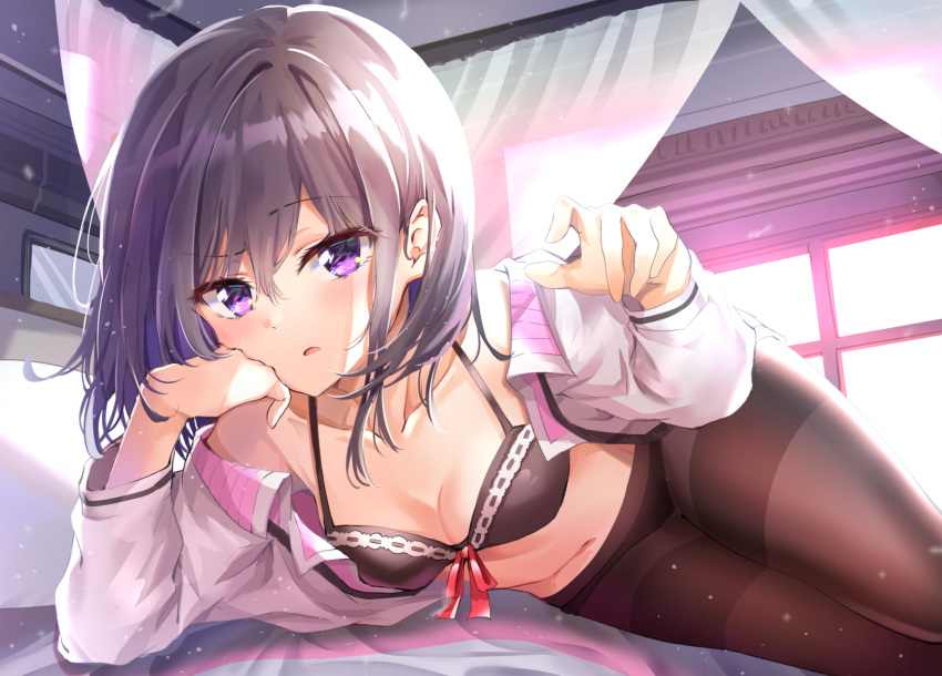 1girl adagaki_aki arm_rest backlighting bangs bare_shoulders bed black_bra black_hair black_legwear black_panties blush bra breasts cleavage collarbone commentary curtains day eyebrows_visible_through_hair hand_up highres indoors light_particles long_sleeves looking_at_viewer lying masamune-kun_no_revenge mirror navel off_shoulder on_side open_clothes open_shirt panties panties_over_pantyhose pantyhose parted_lips partially_undressed purple_eyes red_ribbon ribbon shirt short_hair sidelocks small_breasts solo stomach sunhyun underwear white_shirt