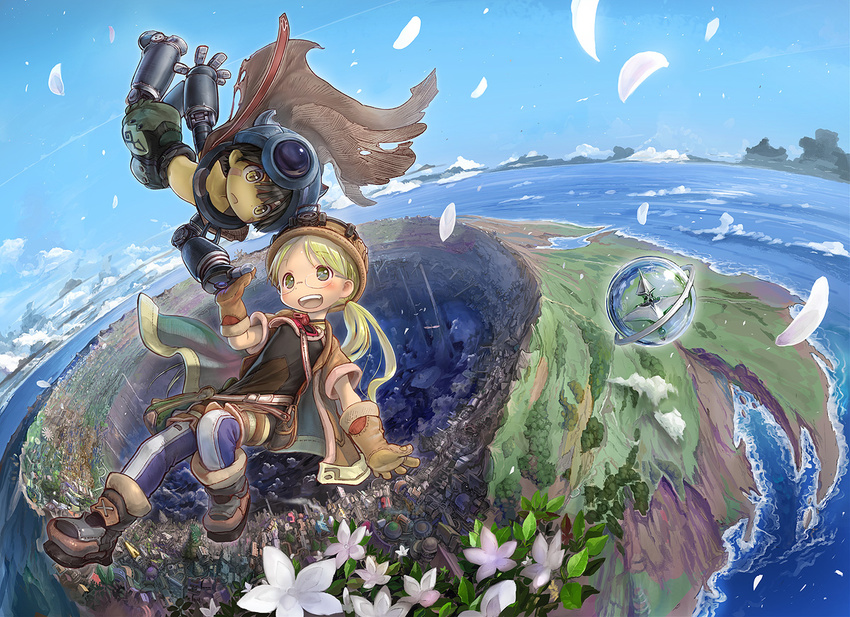 1girl blonde_hair blue_eyes blush brown_hair day feathers flower flying glasses gloves hat island long_hair looking_at_another made_in_abyss official_art open_mouth outdoors petals regu_(made_in_abyss) riko_(made_in_abyss) short_hair sky smile star_compass tsukushi_akihito twintails whistle whistle_around_neck yellow_eyes