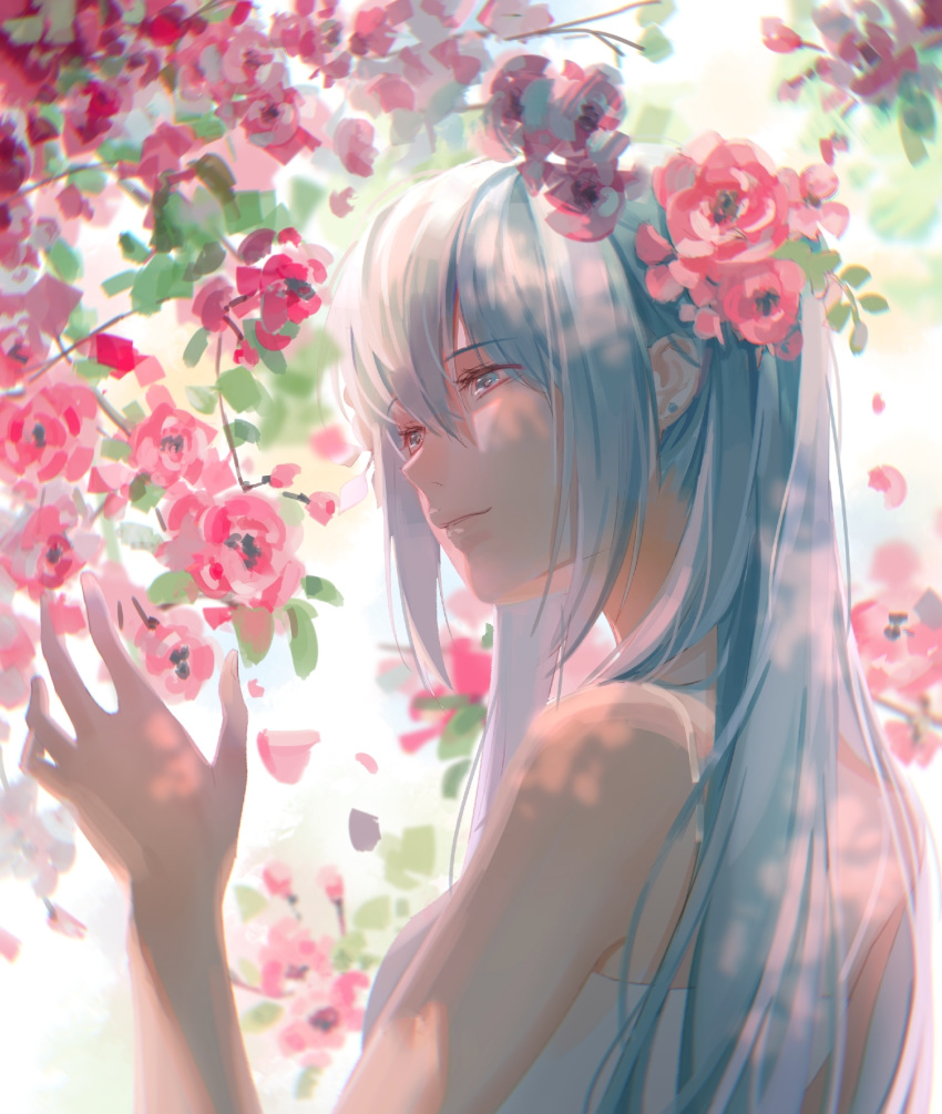 1girl bare_shoulders blue_eyes blue_hair dappled_sunlight day dress e-ma_(pixiv6933729) eyebrows_visible_through_hair eyelashes facing_away flower half-closed_eyes hand_up hatsune_miku highres leaf light_smile long_hair parted_lips petals pink_flower shaded_face sleeveless sleeveless_dress smile solo sunlight very_long_hair vocaloid white_dress