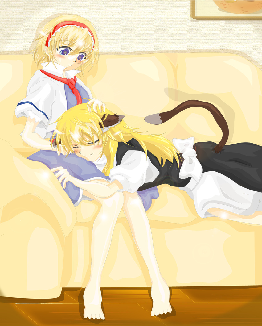 alice_margatroid animal_ears bad_id bad_pixiv_id bare_legs barefoot blonde_hair blue_eyes blush_stickers bow capelet cat_ears cat_tail chi-chi closed_eyes couch dress hairband hand_on_another's_head highres indoors kemonomimi_mode kirisame_marisa knees_together_feet_apart lolita_hairband long_hair looking_at_another lying lying_on_lap multiple_girls no_hat no_headwear on_stomach parted_lips picture_(object) ribbon short_hair short_sleeves skirt skirt_set smile tail touhou