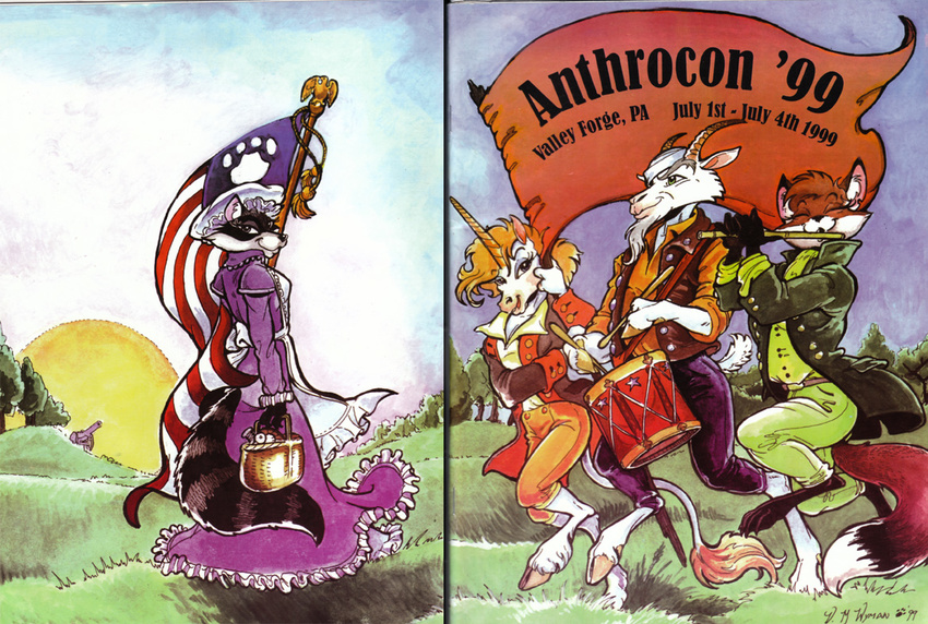 anthrocon apron avian basket bird bonnet bow buttons canine cannon caprine cloven_hooves con_book cover cuff_links dress drum drumsticks eagle equine eyes_closed female fife flag flagpole fox frill furry_convention goat grass green_eyes horn lacing looking_at_viewer male mammal marching pawprint picnic raccoon ruffles signature spool sun tassel tassels thread tree unicorn vest vicki_wyman