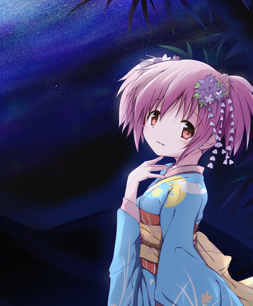 akisaka_yamoka alternate_costume blush bow flower hair_bow hair_flower hair_ornament highres japanese_clothes kaname_madoka kanzashi kimono looking_at_viewer mahou_shoujo_madoka_magica night night_sky pink_eyes pink_hair short_hair sky smile solo tsumami_kanzashi