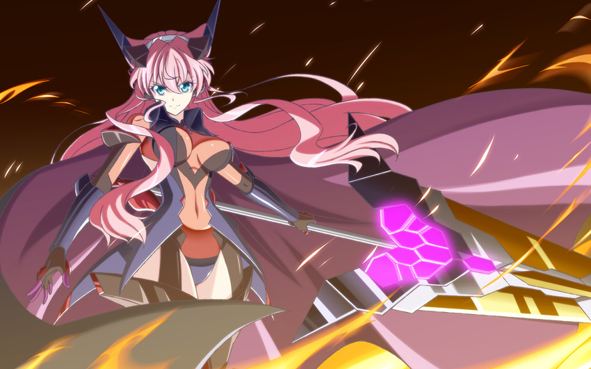 blue_eyes bodysuit covered_navel cowboy_shot fire flame floating_hair h-new headphones highres lance leotard long_hair looking_at_viewer looking_back maria_cadenzavna_eve pink_hair polearm senki_zesshou_symphogear skin_tight solo spear standing very_long_hair weapon