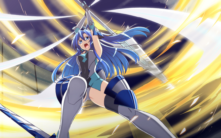 blue_eyes blue_hair bodysuit boots fighting_stance from_below h-new highres holding holding_sword holding_weapon kazanari_tsubasa long_hair looking_at_viewer magic one_side_up open_mouth senki_zesshou_symphogear solo standing sword thigh_boots thighhighs weapon
