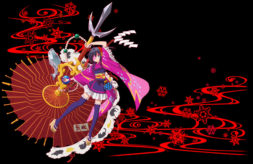 artist_request black_background carp chuunibyou_demo_koi_ga_shitai! eyepatch fish frilled_kimono frills furisode geta heart heart_eyepatch japanese_clothes kimono long_sleeves obi official_art oriental_umbrella polearm sash short_kimono snowflakes solo tabi takanashi_rikka thighhighs trident umbrella weapon zettai_ryouiki