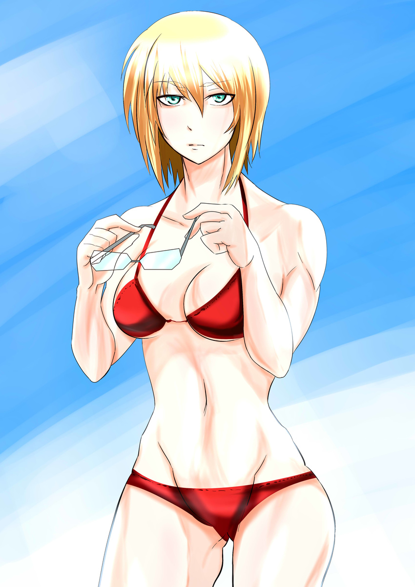 1girl aqua_eyes blonde_hair breasts cleavage glasses highres michelle_k._davis muscle short_hair solo swimsuit terra_formars