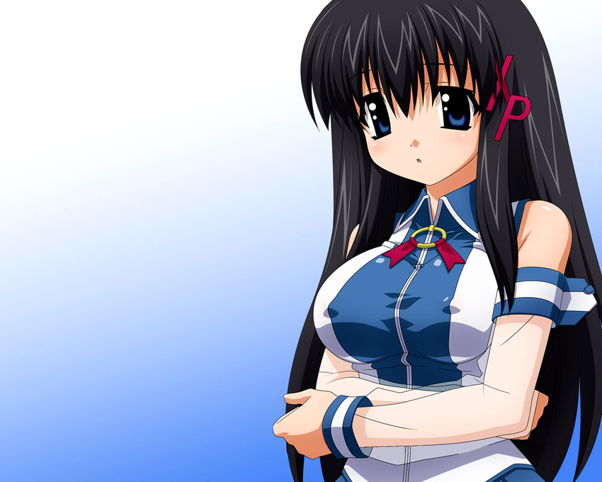 :o bangs bare_shoulders black_hair blue_eyes blush breasts covered_nipples crossed_arms detached_sleeves gradient gradient_background hair_between_eyes hair_ornament jewelry large_breasts long_hair open_mouth os-tan ribbon ring see-through shirt sidelocks sleeveless sleeveless_shirt solo source_request sugimura_tomokazu taut_clothes taut_shirt upper_body very_long_hair wallpaper xp-tan zipper