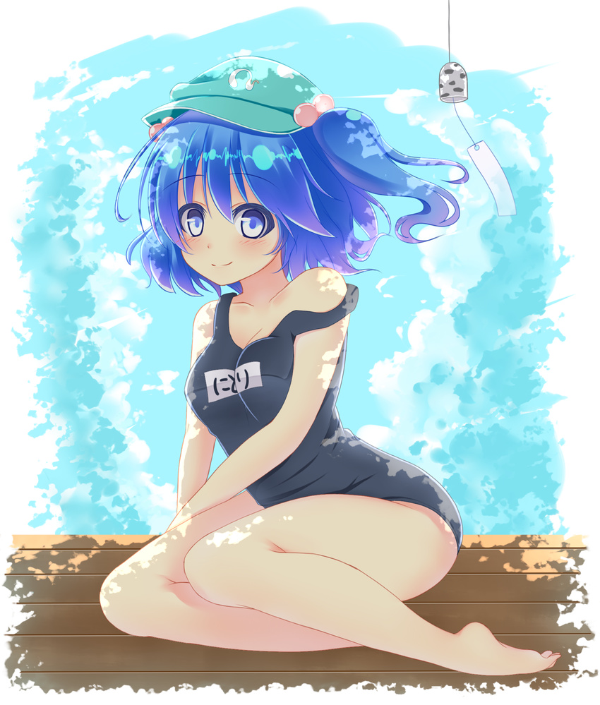 bad_id bad_pixiv_id barefoot blue_eyes blue_hair breasts cloud hair_bobbles hair_ornament hat highres kawashiro_nitori kurono_nekomaru one-piece_swimsuit school_swimsuit short_hair sitting sky small_breasts smile solo strap_slip swimsuit touhou two_side_up wind_chime yokozuwari