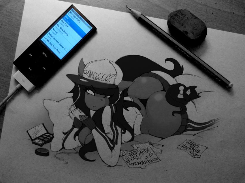black_and_white breasts butt cat cleavage clothed clothing eraser feline female greyscale hair ipod long_hair mammal minx_kitten monochrome music_player paper pencil sketch skimpy slit_pupils smutbunny solo spot_color