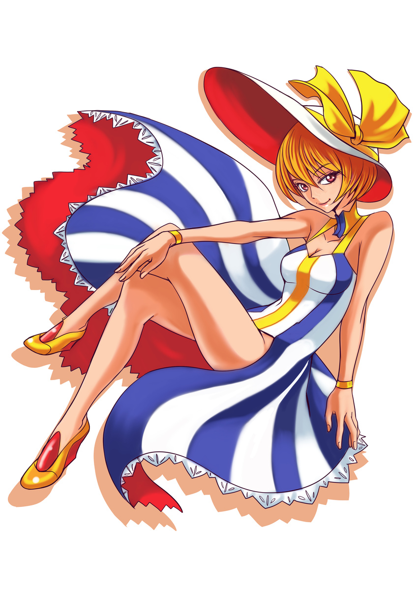 absurdres bare_legs bare_shoulders bracelet breasts cleavage crossed_legs dress hat hat_ribbon highres jewelry kakato long_dress looking_at_viewer medium_breasts orange_hair orangina personification red_eyes ribbon short_hair side_slit sitting smile solo striped sun_hat vertical_stripes