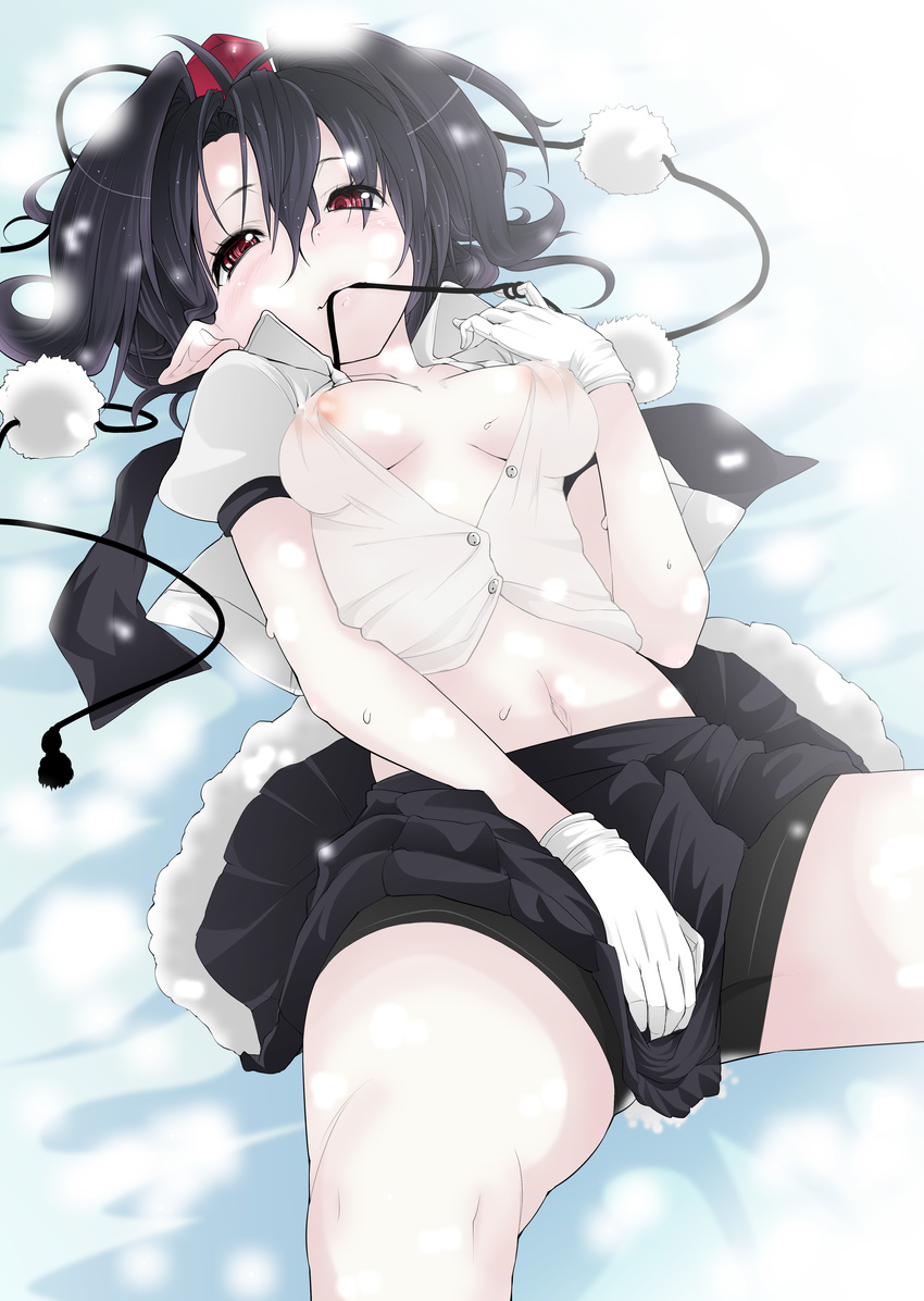 absurdres black_hair blush breasts breasts_apart buttons collarbone colorized covered_nipples covering covering_crotch dress_shirt hair_between_eyes hat highres hyasumasa karochii looking_at_viewer lying medium_breasts messy_hair midriff mouth_hold navel no_bra on_back open_clothes open_shirt pointy_ears pom_pom_(clothes) red_eyes shameimaru_aya shirt short_hair skirt smile solo spread_legs sweat thighs tokin_hat touhou unbuttoned