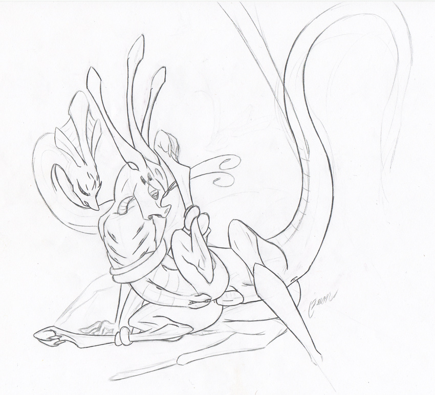alien anal anal_penetration antennae anthro anus butt erection female feral intersex magnificent-arsehole male nude open_mouth penetration penis plain_background pussy raised_tail scalie sex sketch tentacles