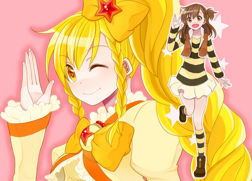 :d bad_id bad_pixiv_id blonde_hair braid brown_eyes brown_hair dual_persona long_hair one_eye_closed open_mouth original outstretched_hand pink_background precure sasamaru_chimaki side_ponytail simple_background smile star twin_braids yellow_eyes