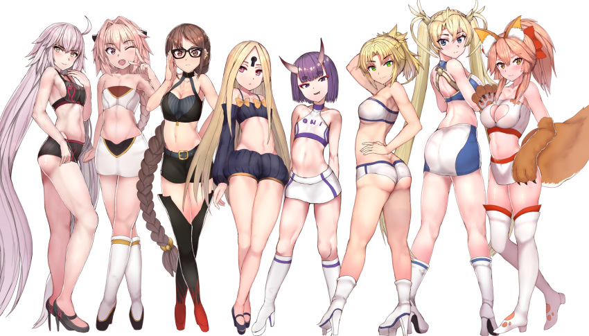 6+girls abigail_williams_(fate/grand_order) absurdly_long_hair animal_ear_fluff animal_ears arm_up ass astolfo_(fate) bangs bare_arms bare_shoulders black_footwear black_shorts black_sleeves blonde_hair blue_eyes blush boots bow bradamante_(fate/grand_order) braid breasts brown_eyes cleavage cleavage_cutout closed_mouth collarbone commentary_request consort_yu_(fate) crop_top detached_sleeves erect_nipples eyebrows_visible_through_hair fang fate/grand_order fate_(series) fox_ears fox_girl fox_tail from_behind full_body gloves green_eyes hair_between_eyes hair_bow halterneck head_tilt high_heel_boots high_heels high_ponytail highres horns jeanne_d'arc_(alter)_(fate) jeanne_d'arc_(fate)_(all) jeanne_d'arc_(alter)_(fate) jeanne_d'arc_(fate)_(all) keyhole knee_boots large_breasts light_brown_hair long_hair long_sleeves looking_at_viewer looking_back medium_breasts midriff miniskirt mordred_(fate) mordred_(fate)_(all) multiple_girls navel one_eye_closed oni oni_horns parted_bangs parted_lips paw_gloves paws pink_hair ponytail puffy_long_sleeves puffy_shorts puffy_sleeves purple_eyes purple_hair race_queen red_bow red_eyes shirt shoes short_eyebrows short_shorts shorts shoulder_blades shuten_douji_(fate/grand_order) sidelocks sikijou77o silver_hair simple_background single_braid skirt small_breasts smile tail tamamo_(fate)_(all) tamamo_cat_(fate) thick_eyebrows thigh_boots thighhighs trap v very_long_hair white_background white_footwear white_legwear white_shirt white_skirt