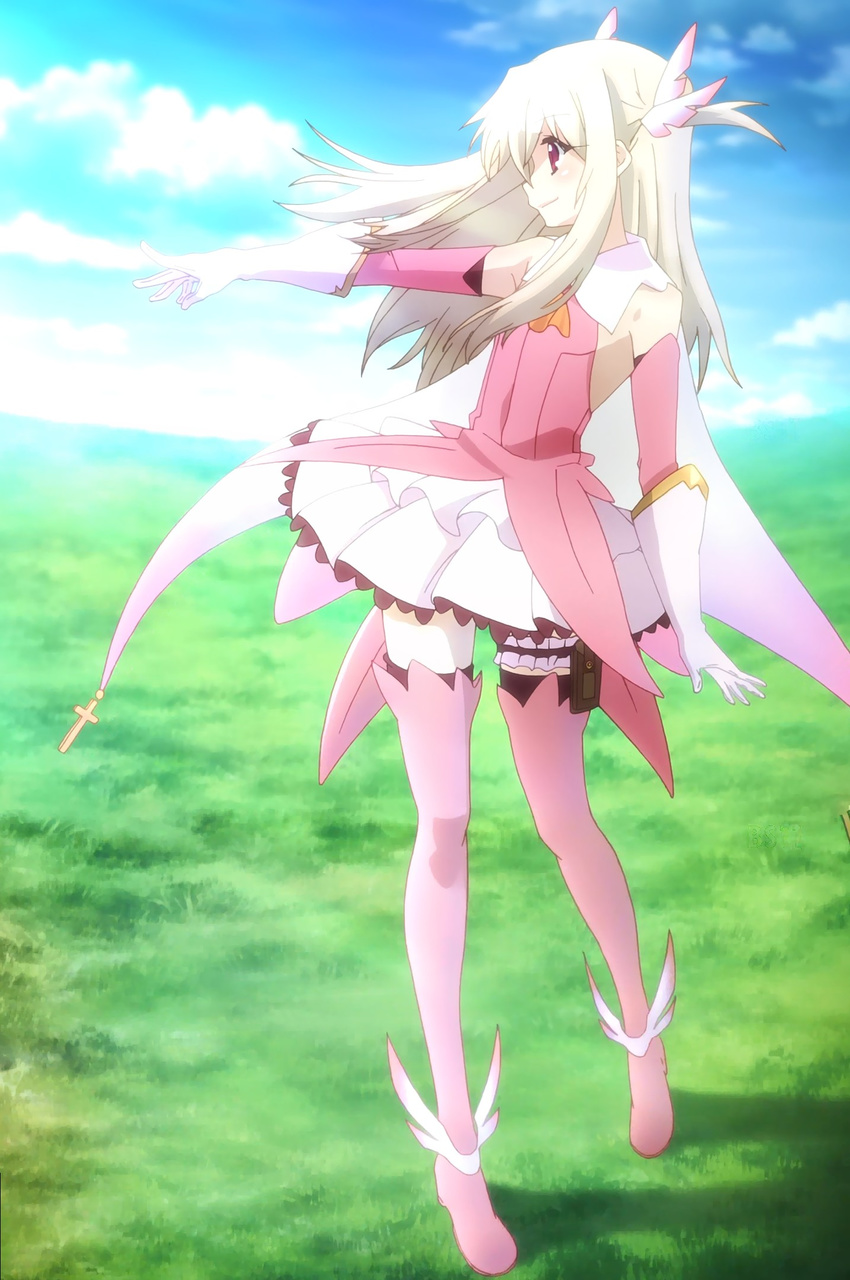 boots brown_hair cloud day fate/kaleid_liner_prisma_illya fate_(series) feathers from_side grass hair_feathers highres illyasviel_von_einzbern long_hair magical_girl morning pink_footwear prisma_illya red_eyes screencap sky solo thigh_boots thighhighs white_hair
